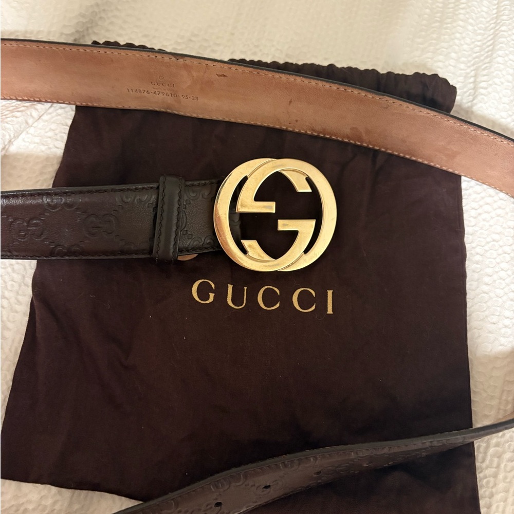 Gucci Brown Belt with Gold Buckle and monogrammed leather
